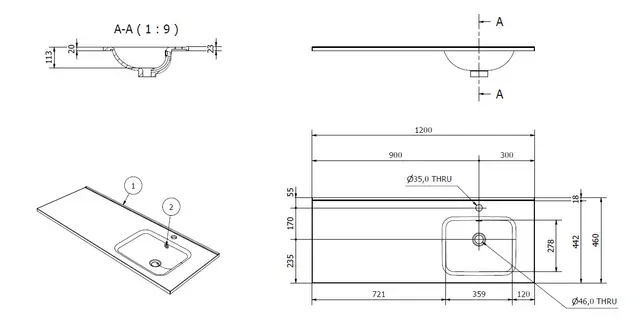 Servant INA 120 thin enkel H 120x46x2cm høyre støpemarmor hvit 