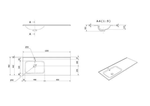 Servant INA 120 thin enkel V 120x46x2cm venstre støpemarmor hvit 
