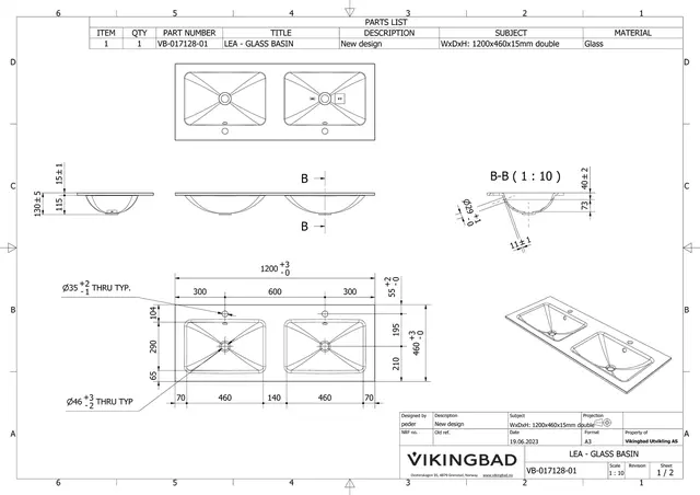 Servant LEA 120dbl 120x46x1,5cm glass sort matt 