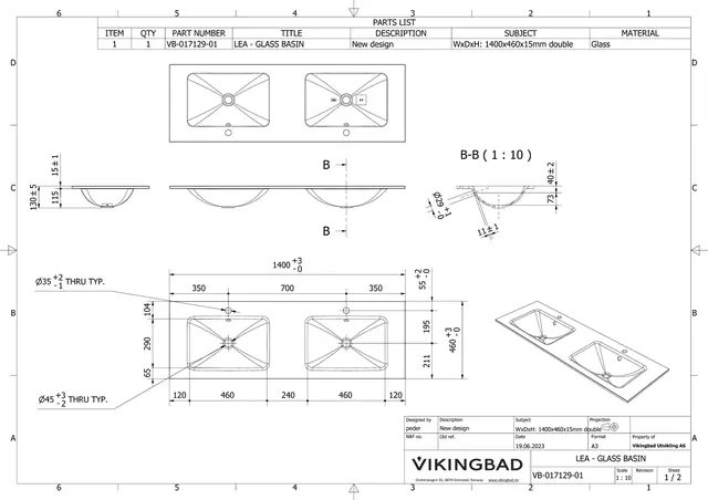 Servant LEA 140dbl 140x46x1,5cm glass sort matt 