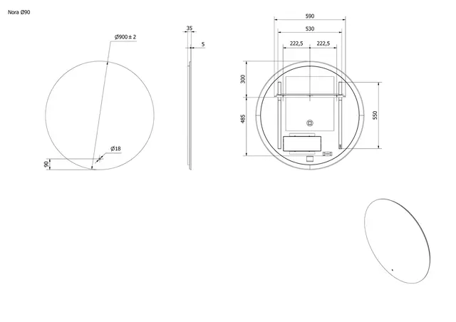 Speil NORA 90 Ø 90x3,5cm led-backlight 