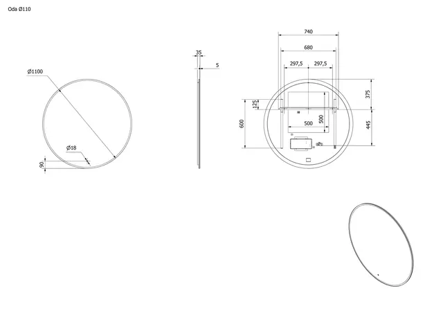 Speil ODA 110 Ø 110x3,5cm led-lys 