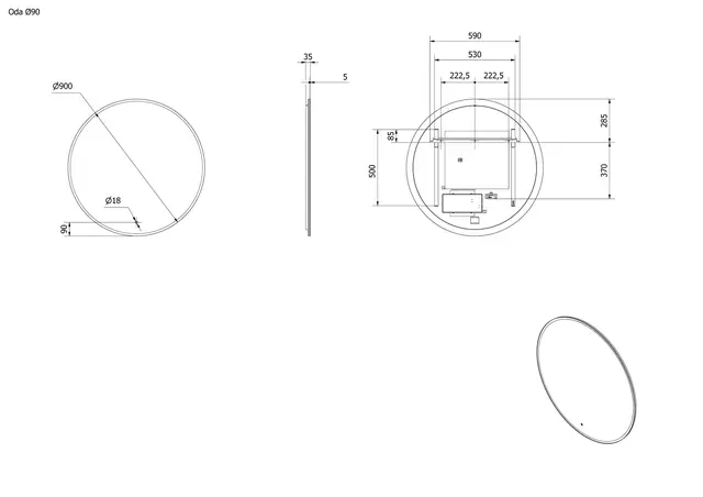 Speil ODA 90 Ø 90x3,5cm led-lys 