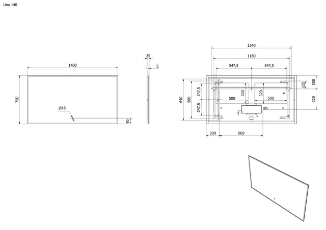 Speil UNA 140 140x75cm led-lys 