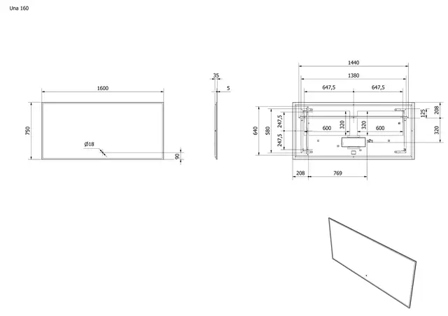 Speil UNA 160 160x75cm led-lys 