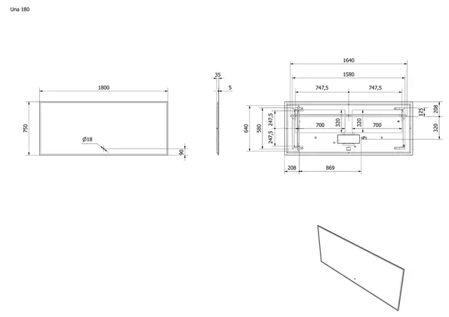 Speil UNA 180 180x75cm led-lys 