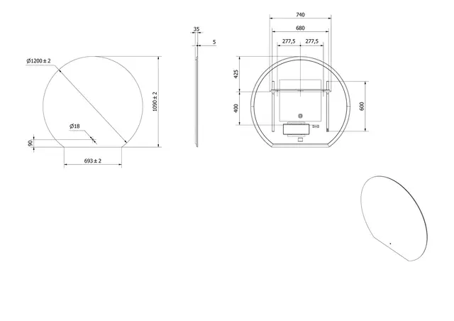 Speil VOE 120 Ø 120cm (b 69 cm) led-lys 