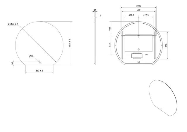 Speil VOE 140 Ø 140cm (b 81 cm) led-lys 